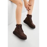 Tonny Black Kadın Kahve Cilt Kalın Poli Taban Lastik Boğazlı Bağcıklı Günlük Bot