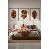 Tontilika Afrika Maskeleri 3’lü Ahşap Çerçeveli Tablo Seti - Etnik Sanat