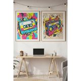 Tontilika Kaset Ve Müzik Seti 2’li Ahşap Çerçeveli Tablo Seti - Retro Pop Art Dekor