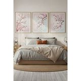 Tontilika Pembe Sakura Çiçekleri 3’lü Ahşap Çerçeveli Tablo Seti - Minimalist Doğa Dekoru