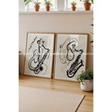 Tontilika Soyut Saksafon Çalan Figürler 2'li Minimalist Ahşap Tablo Seti-30x42