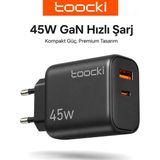 Toocki 45W Gan Hızlı Şarj Adaptörü, Type-C ve Usb-A Çift Portlu Akıllı Güç Dağıtımlı Telefon ve Tablet Şarj Cihazı - Siyah