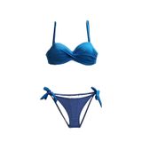 TooHot Kadın Çizgili Açık Mavi Straplez İp Bağlı Bikini Takımı