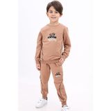 Toontoy Erkek Çocuk 2'li Takım Baskılı Bisiklet Yaka Sweatshirt & Beli Paçası Lastikli Jogger Eşofman Altı - Biye Detaylı 2 Iplik - Kahverengi - 8