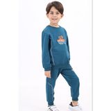 Toontoy Erkek Çocuk 2'li Takım Baskılı Bisiklet Yaka Sweatshirt & Beli Paçası Lastikli Jogger Eşofman Altı - Biye Detaylı 2 Iplik - Petrol Mavi - 8