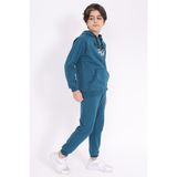 Toontoy Erkek Çocuk 2'li Takım Baskılı Kapüşonlu Cepli Sweatshirt & Beli Paçası Lastikli Cepli Jogger Eşofman Altı - 2 Iplik - Petrol Mavi - 12 - 13 Yaş