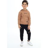 Toontoy Erkek Çocuk 2'li Takım Baskılı Kapüşonlu Cepli Sweatshirt & Beli Paçası Lastikli Cepli Jogger Eşofman Altı - Renk Bloklu & 2 Iplik - Kahverengi - 6