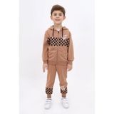 Toontoy Erkek Çocuk 2'li Takım Baskılı Kapüşonlu Fermuarlı Bağcılıklı Sweatshirt & Beli Paçası Lastikli Jogger Eşofman Altı - TK22918 - Kahverengi