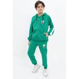 Toontoy Erkek Çocuk 2'li Takım Baskılı Kapüşonlu Fermuarlı Cepli Reglan Kol Sweatshirt & Beli Paçası Lastikli Cepli Jogger Eşofman Altı - Bant Detaylı & 2 Iplik - Yeşil - 12 - 13 Yaş