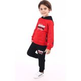 Toontoy Erkek Çocuk 2'li Takım Baskılı Kapüşonlu Fermuarlı Cepli Reglan Kol Sweatshirt & Beli Paçası Lastikli Cepli Jogger Eşofman Altı - Renk Bloklu & 2 Iplik - Kırmızı - 7