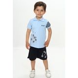 Toontoy Erkek Çocuk 2'li Takım Baskılı Polo Yaka Tişört & Beli Lastikli Şort - Mavi - 3