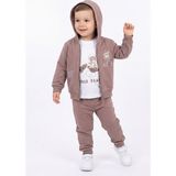 Toontoy Erkek Çocuk 3'lü Kapüşonlu Fermuarlı Ayıcık Nakışlı Eşofman Takım - 6 - 9 Ay - Acı Kahve