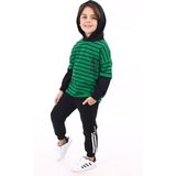 Toontoy Erkek Çocuk Çizgili 2'li Takım Baskılı Kapüşonlu Sweatshirt & Beli Paçası Lastikli Cepli Jogger Eşofman Altı - Renk Bloklu & 2 Iplik - Çimen Yeşili - 4