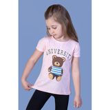 Toontoy Kids Ayıcık ve Yazı Baskılı Taş İşlemeli Pembe Melanj Kız Çocuk T-shirt