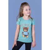 Toontoy Kids Ayıcık ve Yazı Baskılı Taş İşlemeli Yeşil Kız Çocuk T-shirt