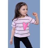 Toontoy Kids Çizgli Kalp Baskılı Taş İşlemeli Açık Pembe Kız Çocuk T-shirt