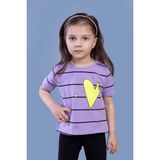 Toontoy Kids Çizgli Kalp Baskılı Taş İşlemeli Lila Kız Çocuk T-shirt