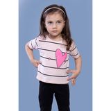 Toontoy Kids Çizgli Kalp Baskılı Taş İşlemeli Pudra Kız Çocuk T-shirt