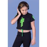 Toontoy Kids Crop Model Baskılı Taş İşlemeli Siyah Kız Çocuk T-shirt