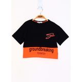 Toontoy Kids Düşük Kol Garni Detaylı Baskılı Siyah Kız Çocuk T-shirt