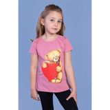 Toontoy Kids Kalpli Ayıcık Baskılı Taş İşlemeli Gül Kurusu Kız Çocuk T-shirt