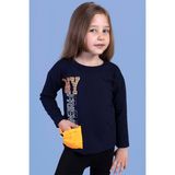 Toontoy Kids Kız Çocuk Cep Detaylı Baskılı Tişört - 6 Yaş - Lacivert