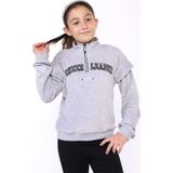 Toontoy Kids Kız Çocuk Fermuar Detaylı Nakışlı Kadife Sweatshirt - 12 - 13 Yaş - Gri Melanj