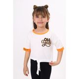 Toontoy Kids Kız Çocuk Önü Bağlama Detaylı Baskılı Tişört - Ekru - 5 Yaş
