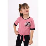 Toontoy Kids Kız Çocuk Önü Bağlama Detaylı Baskılı Tişört - Gül Kurusu - 7 Yaş