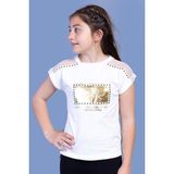 Toontoy Kids Omzu Tül Detaylı Varak Baskılı Ekru Kız Çocuk T-shirt