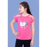 Toontoy Kids Omzu Tül Detaylı Varak Baskılı Fuşya Kız Çocuk T-shirt