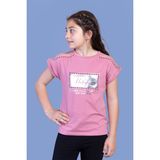 Toontoy Kids Omzu Tül Detaylı Varak Baskılı Gül Kurusu Kız Çocuk T-shirt