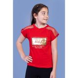 Toontoy Kids Omzu Tül Detaylı Varak Baskılı Kırmızı Kız Çocuk T-shirt