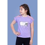 Toontoy Kids Omzu Tül Detaylı Varak Baskılı Lila Kız Çocuk T-shirt