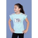 Toontoy Kids Omzu Tül Detaylı Varak Baskılı Mint Kız Çocuk T-shirt