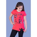 Toontoy Kids Star Baskılı Kemer Detaylı Nar Çiçeği Kız Çocuk T-shirt