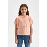 Toontoy Kids Toontoy Kız Çocuk Bisiklet Yaka Kısa Kollu Dikiş Detaylı Metal Armalı Tişört 24984 - Mercan - 10 - 11 Yaş