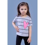 Toontoy Kids Toontoy Kız Çocuk Çizgli Kalp Baskılı Taş Işlemeli Tişört - 6 Yaş - Gri Melanj