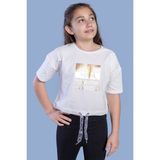Toontoy Kids Toontoy Kız Çocuk Crop Model Kordon Detaylı Varak Baskılı Tişört - 8 Yaş - Ekru
