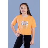 Toontoy Kids Toontoy Kız Çocuk Crop Model Kordon Detaylı Varak Baskılı Tişört - 8 Yaş - Turuncu