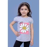 Toontoy Kids Toontoy Kız Çocuk Papatya Baskılı Taş Işlemeli Tişört - 4 Yaş - Gri Melanj