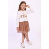 Toontoy Kids Toontoy Kız Çocuk Star Baskılı Tüllü Elbise - 3 Yaş - Ekru