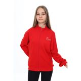 Toontoy Kırmızı Kız Çocuk Dik Yaka Fermuarlı Cepli Düşük Omuz Nakış Baskılı Örme Hırka -3 İplik Şardunsuz