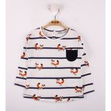 Toontoy Kız Bebek T-Shirt Çizgili Cepli Tilki Baskı Ekru 9 AY