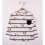 Toontoy Kız Bebek Tshirt Çizgili Cepli Tilki Baskı - 2 Yaş - Ekru