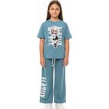 Toontoy Kız Çocuk 2'li Eşofman Takım Bisiklet Yaka Kısa Kollu Baskılı Tişört - Beli Lastikli Bağlamalı Cepli Baskılı Bol Paça Eşofman Altı 25021 - 8 - 9 Yaş - Mavi