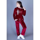 Toontoy Kız Çocuk 2'li Kadife Takım Baskılı Kapüşonlu Sweatshirt & Beli Lastikli Cepli Eşofman Altı - Şerit Detaylı - Kırmızı - 9