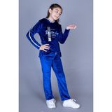 Toontoy Kız Çocuk 2'li Kadife Takım Baskılı Kapüşonlu Sweatshirt & Beli Lastikli Cepli Eşofman Altı - Şerit Detaylı - Saks - 12