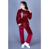 Toontoy Kız Çocuk 2'li Kadife Takım Baskılı Kapüşonlu Sweatshirt & Beli Lastikli Cepli Eşofman Altı - Şerit Detaylı
