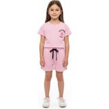 Toontoy Kız Çocuk 2'li Şortlu Takım Bisiklet Yaka Düşük Omuz Kısa Kollu Baskılı Tişört - Beli Lastikli Bağlamalı Cepli Şort 25016 - 4 Yaş - Pembe
